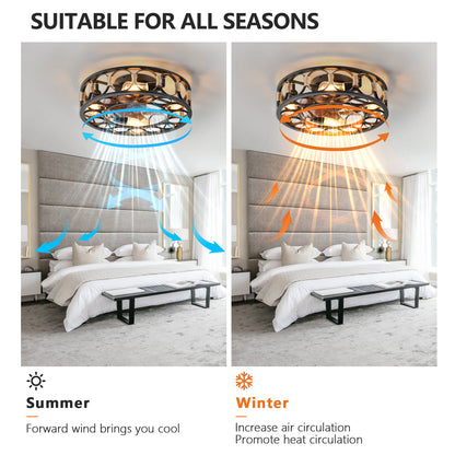 Caged Flush Mount Ceiling Fan with LED Lights & Remote – Farmhouse Matte Black, 6 Speeds & Reversible DC Motor