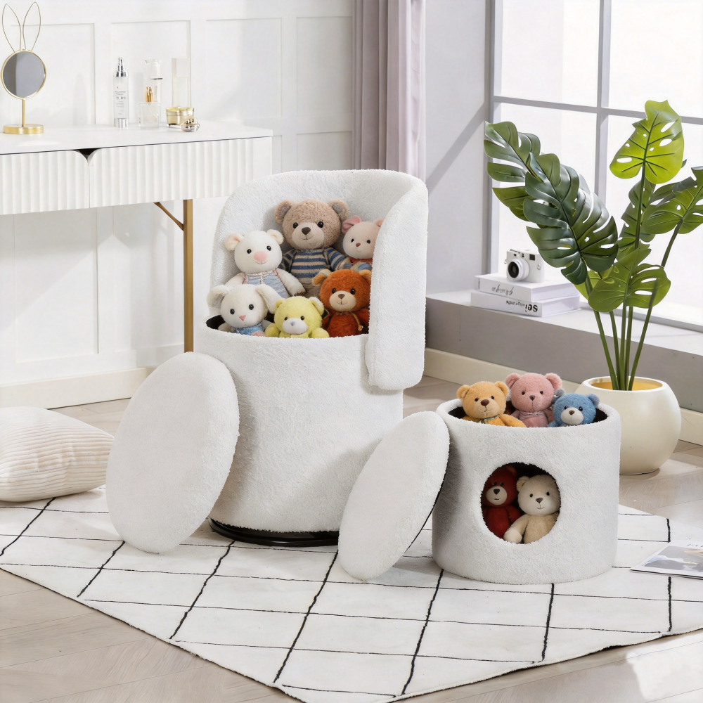 Upholstered Barrel Chair with Storage | 360° Swivel Vanity & Dining Seat, Free Cat Bed Included