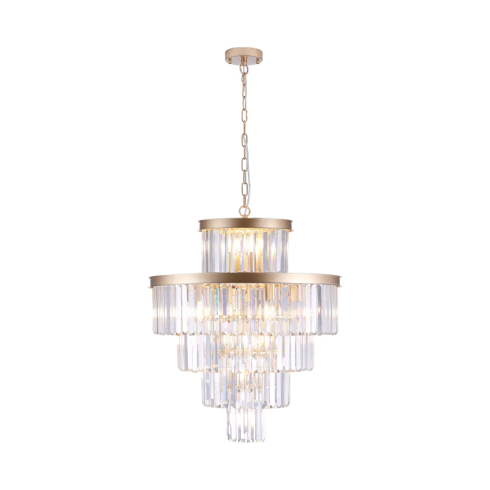 23.6-inch 5-tier K9 crystal chandelier with 15 lights, gold frame, displayed against a plain white background.