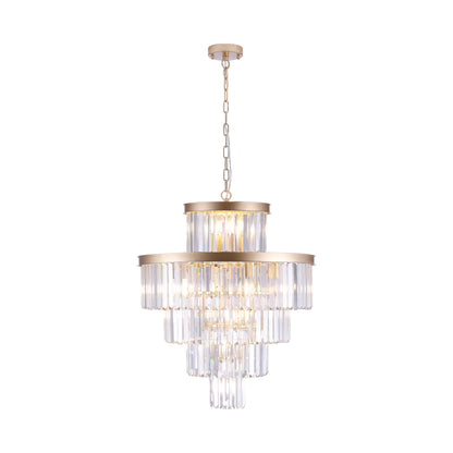 23.6-inch 5-tier K9 crystal chandelier with 15 lights, gold frame, displayed against a plain white background.