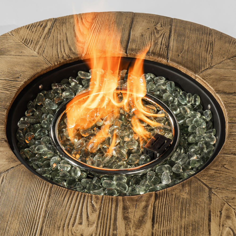 30" Propane Fire Pit Table | 50,000 BTU Round Steel Fire Pit with Wood-Grain Finish & Glass Stones