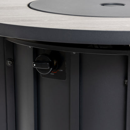 30" Propane Fire Pit Table | 50,000 BTU Round Steel Fire Table with Wood-Grain Ceramic Top & Rain Cover — Black