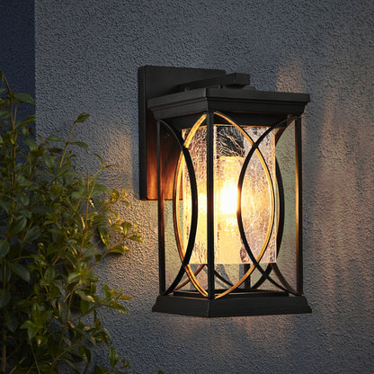 Black Outdoor Wall Lantern with Crackled Glass | 14" Modern Porch Light, E26 Base