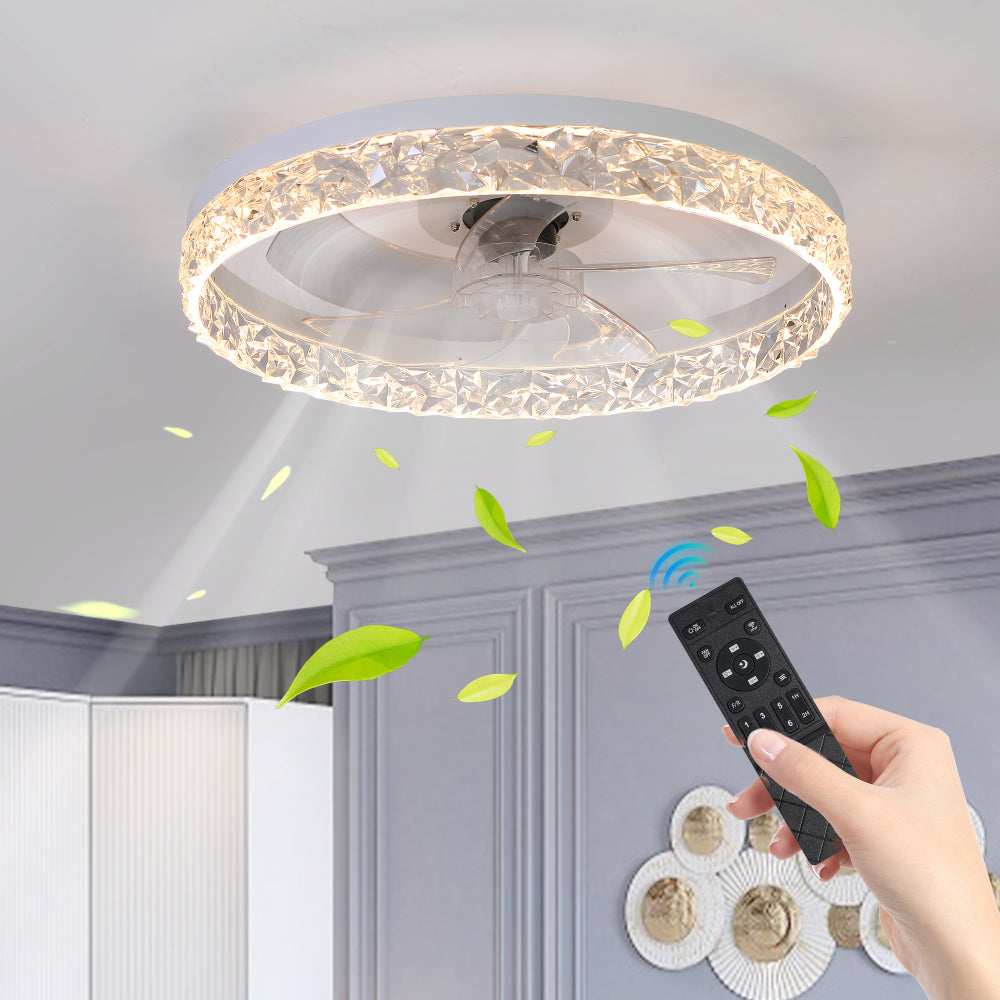 20" Flush Mount Ceiling Fan with LED Light – Crystal Ring Design, Remote Control & Dimmable 3CCT | Bedroom & Living Room White
