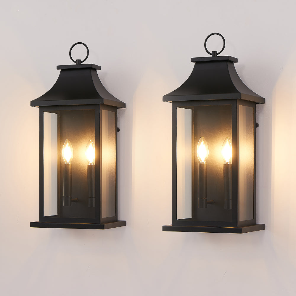 22.2" Dusk-to-Dawn Outdoor Wall Lantern | 2-Light Large Black Exterior Sconce with Glass — Waterproof Porch, Garage & House Light 1-2 Pack