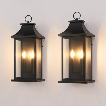 22.2" Dusk-to-Dawn Outdoor Wall Lantern | 2-Light Large Black Exterior Sconce with Glass — Waterproof Porch, Garage & House Light 1-2 Pack