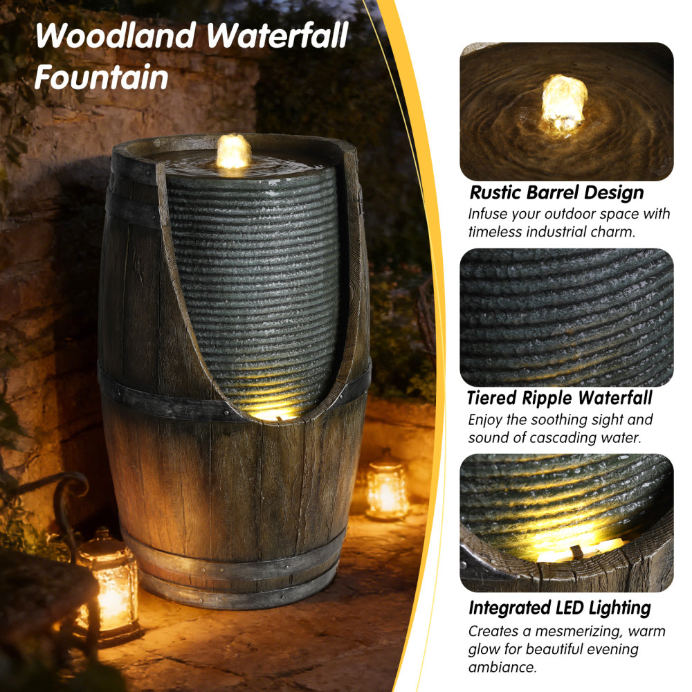 Rustic Barrel Outdoor Water Fountain with LED Lights | Resin Farmhouse Waterfall Fountain for Patio, Porch & Yard