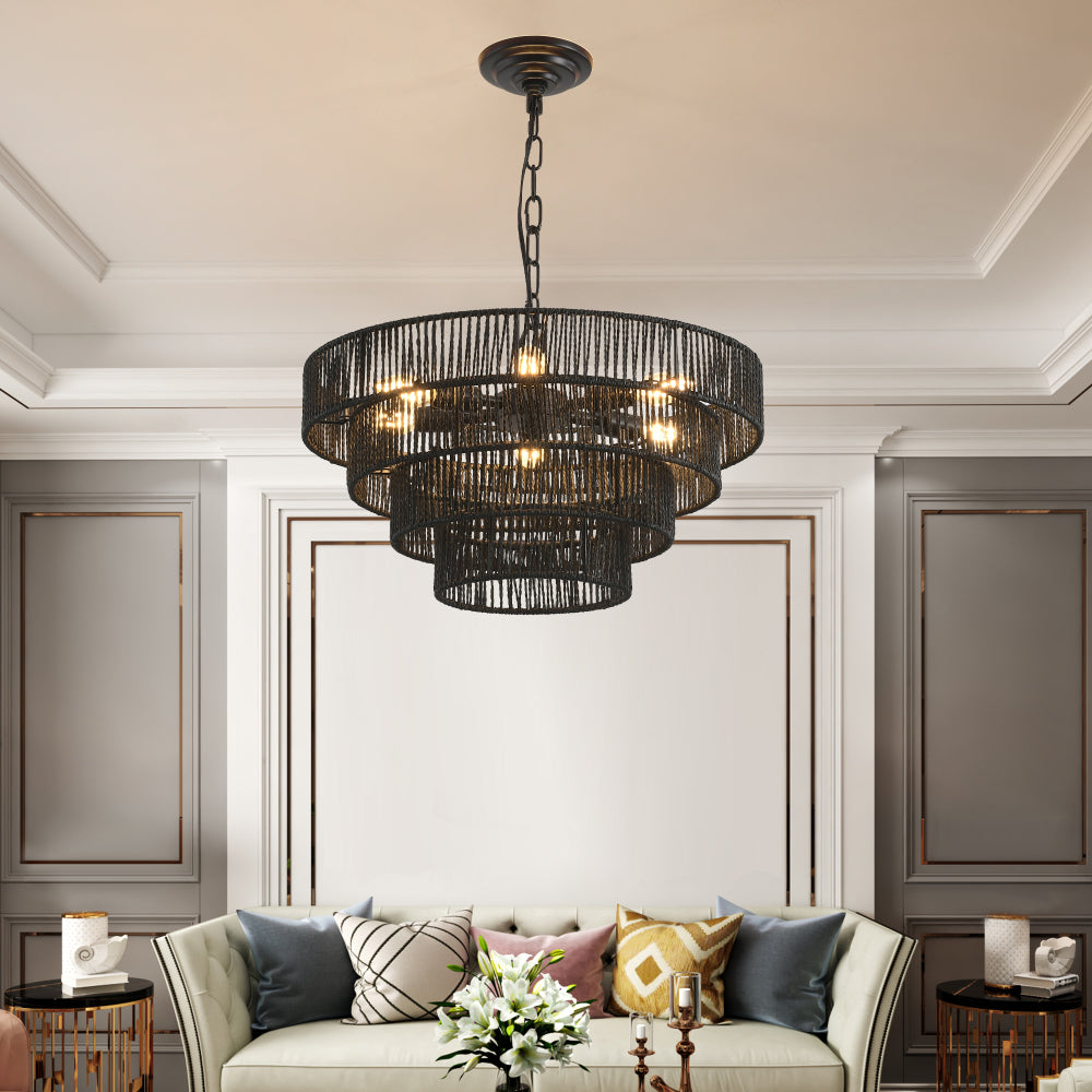 Rustic hemp rope 4-tier chandelier with warm bulbs in a living room with a beige tufted sofa and decorative throw pillows