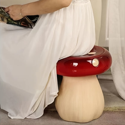 13.8" Mushroom Garden Stool | Hand-Painted Resin Decorative Stool with Forest Base — Indoor & Outdoor Whimsical Decor