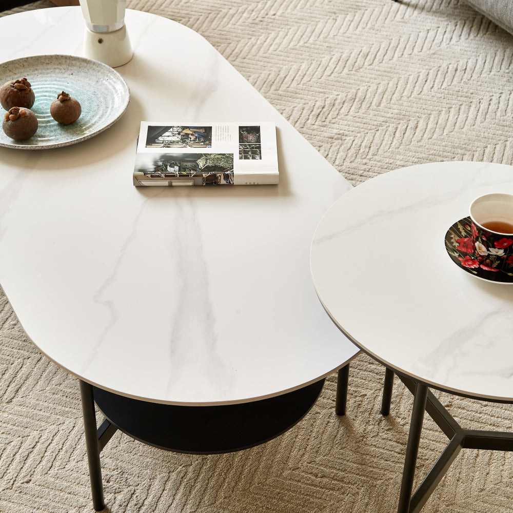 Ceramic Sintered Stone Coffee Table with Walnut Shelf | 47" Double-Layer Living Room Center Table — White & Coffee Brown