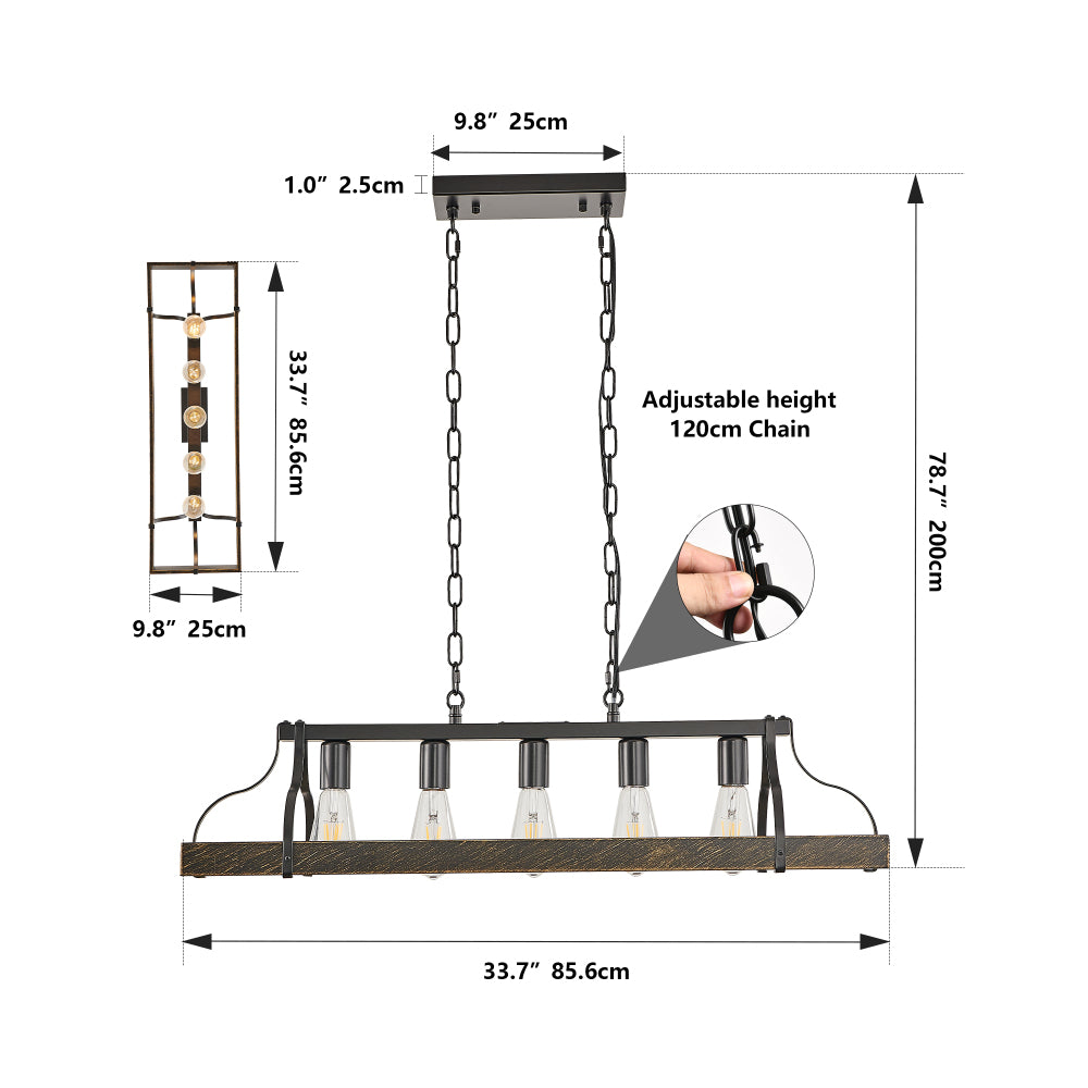 34-inch black and gold vintage chandelier dimensions: 85.6cm long, 25cm wide, with adjustable 120cm chain