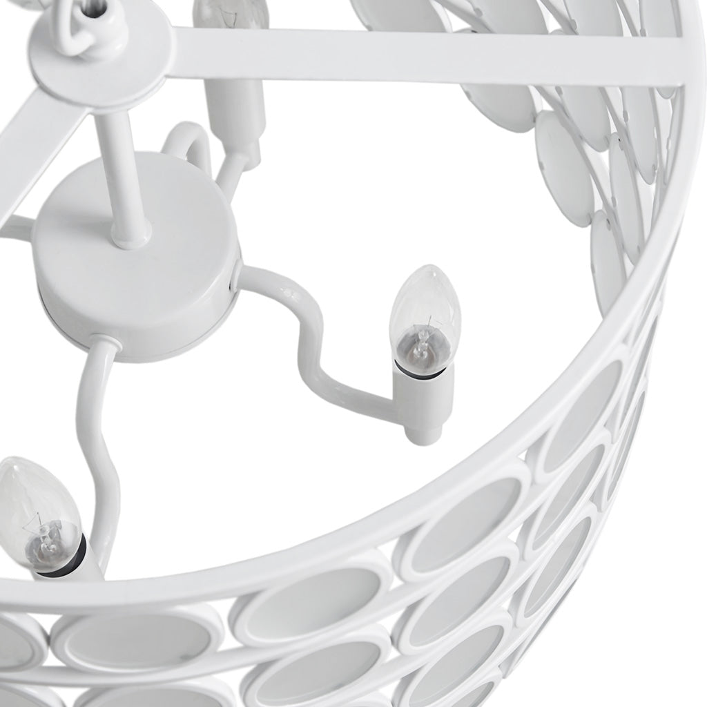 4-Light Glass Drum Shade Chandelier | Mid-Century Modern White Ceiling Light with Frosted Glass — Vaulted Ceiling Compatible, Dining Room & Kitchen