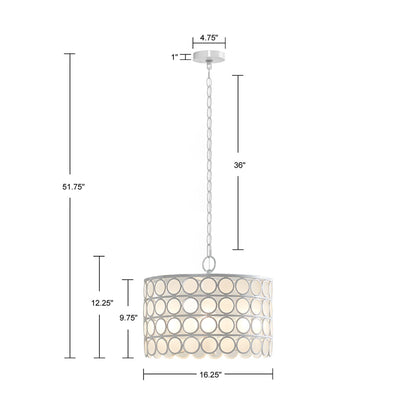 4-Light Glass Drum Shade Chandelier | Mid-Century Modern White Ceiling Light with Frosted Glass — Vaulted Ceiling Compatible, Dining Room & Kitchen