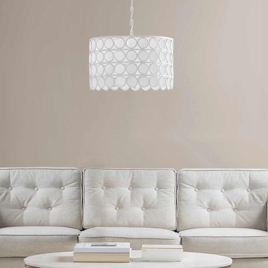 4-Light Glass Drum Shade Chandelier | Mid-Century Modern White Ceiling Light with Frosted Glass — Vaulted Ceiling Compatible, Dining Room & Kitchen