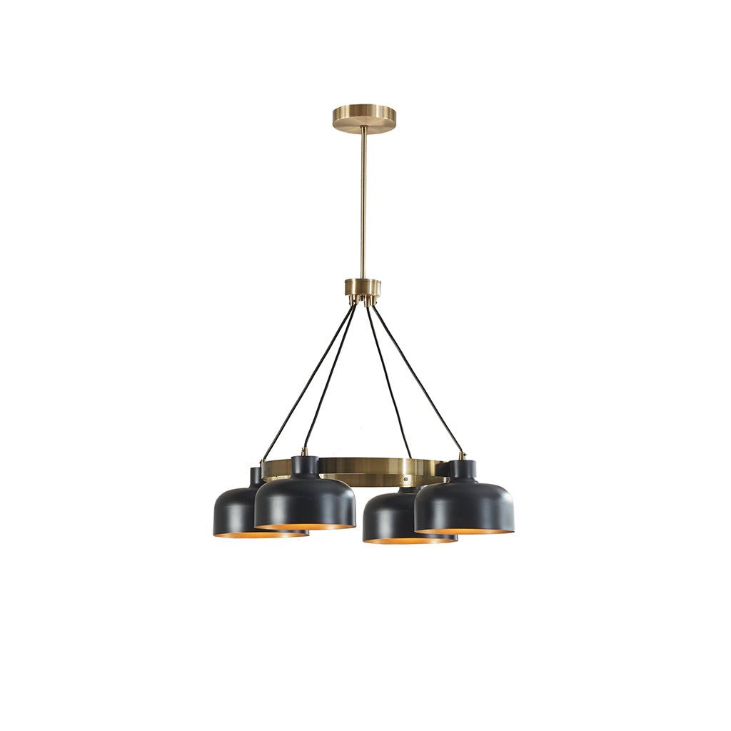 4-Light Mid-Century Chandelier | Black Bowl Shades & Gold Ring — Adjustable Height 26.5"–50.5", Dining Room & Living Room
