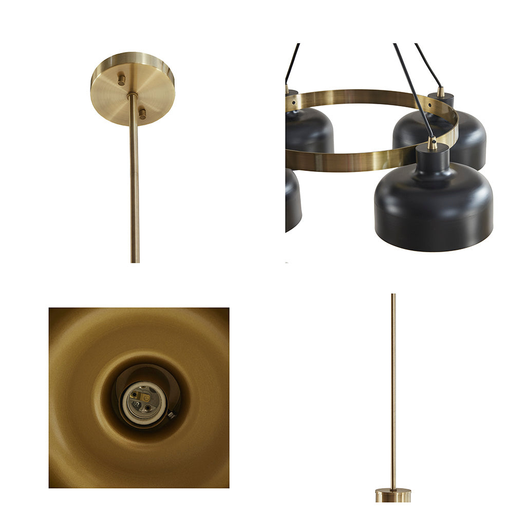 4-Light Mid-Century Chandelier | Black Bowl Shades & Gold Ring — Adjustable Height 26.5"–50.5", Dining Room & Living Room