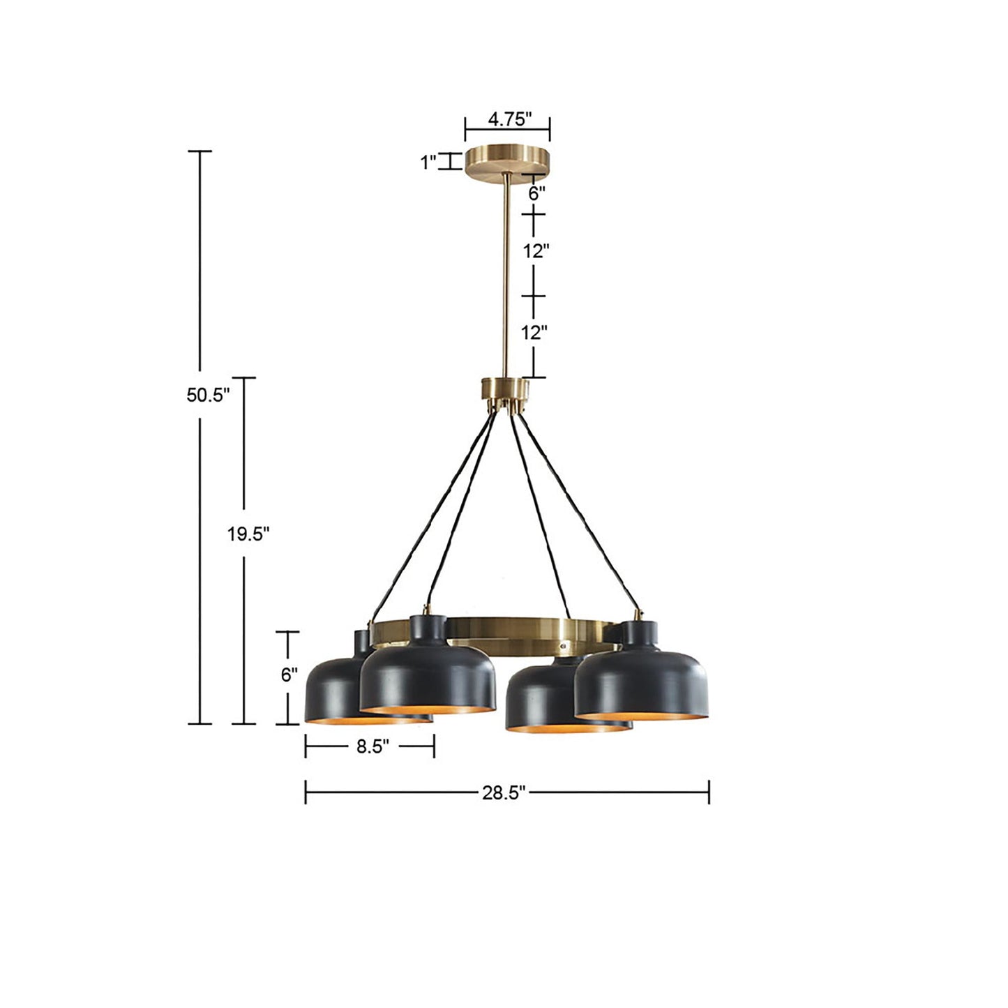 4-Light Mid-Century Chandelier | Black Bowl Shades & Gold Ring — Adjustable Height 26.5"–50.5", Dining Room & Living Room