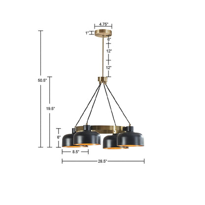 4-Light Mid-Century Chandelier | Black Bowl Shades & Gold Ring — Adjustable Height 26.5"–50.5", Dining Room & Living Room