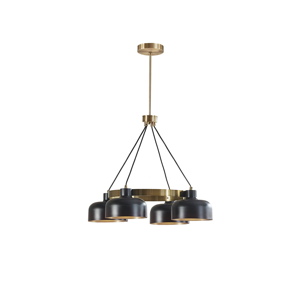 4-Light Mid-Century Chandelier | Black Bowl Shades & Gold Ring — Adjustable Height 26.5"–50.5", Dining Room & Living Room