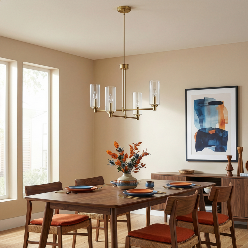 4-Light Pendant Chandelier – Clear Ribbed Glass Shades & Satin Brass Finish | Dining Room & Living Room