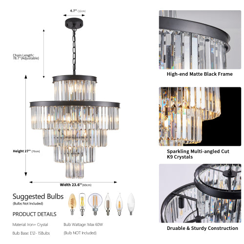 23.6-inch 5-tier K9 crystal chandelier with 15 lights, high-end matte black iron frame, multi-angled cut crystals, durable construction, adjustable chain for dining room, living room, or foyer.