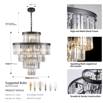 23.6-inch 5-tier K9 crystal chandelier with 15 lights, high-end matte black iron frame, multi-angled cut crystals, durable construction, adjustable chain for dining room, living room, or foyer.