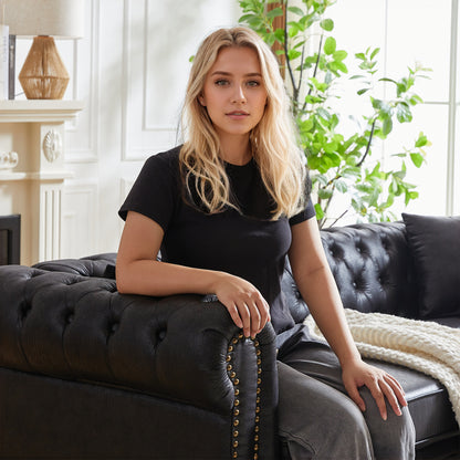 85.5" Chesterfield Sofa 3-Seater | Tech Fabric with Button Tufting, Rolled Arms & Wood Legs — Brown / Black