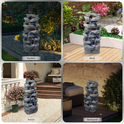 Rock Waterfall Outdoor Fountain with LED Lights | Cascading Tiered Resin Garden Fountain for Patio, Backyard & Lawn