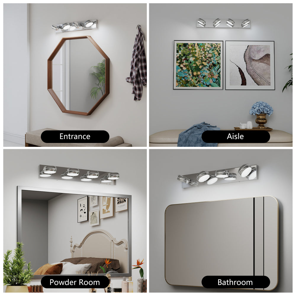 Collage of modern chrome LED vanity light bar installed in entrance, aisle, powder room, and bathroom settings