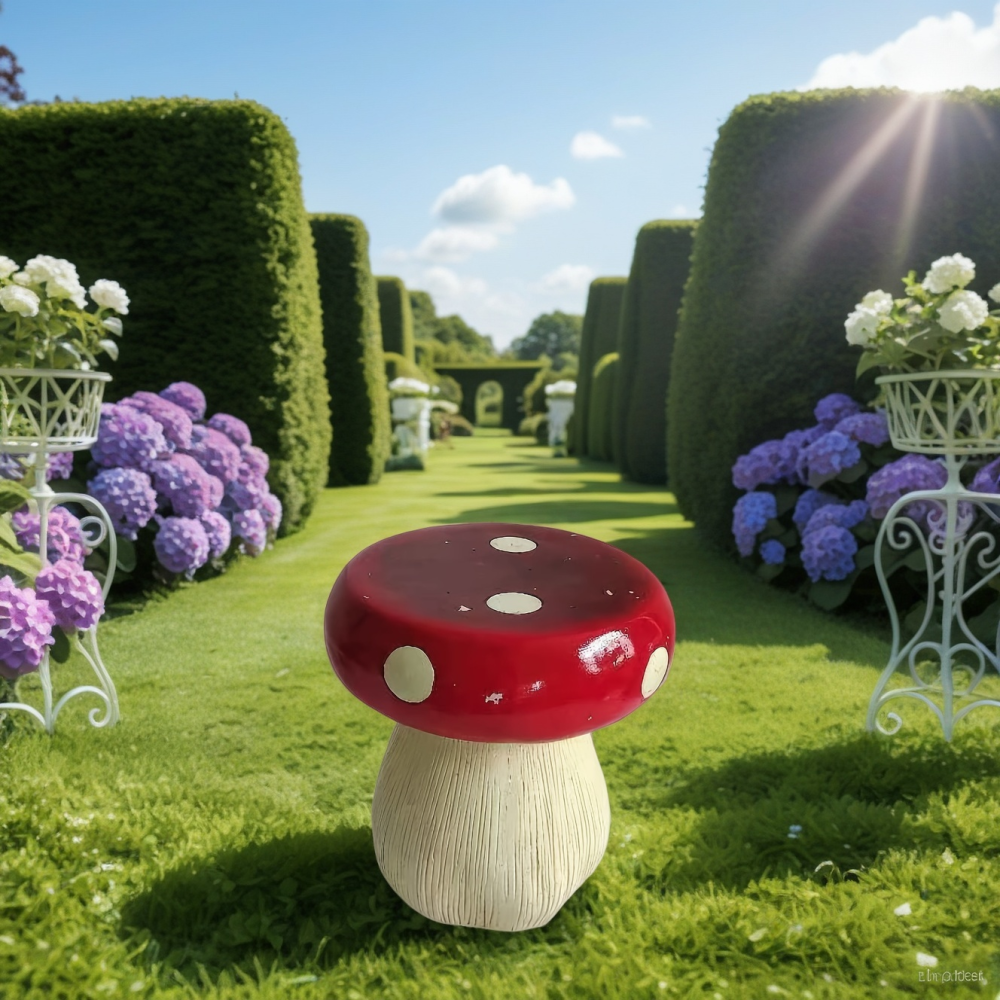 13.8" Mushroom Garden Stool | Hand-Painted Resin Decorative Stool with Forest Base — Indoor & Outdoor Whimsical Decor
