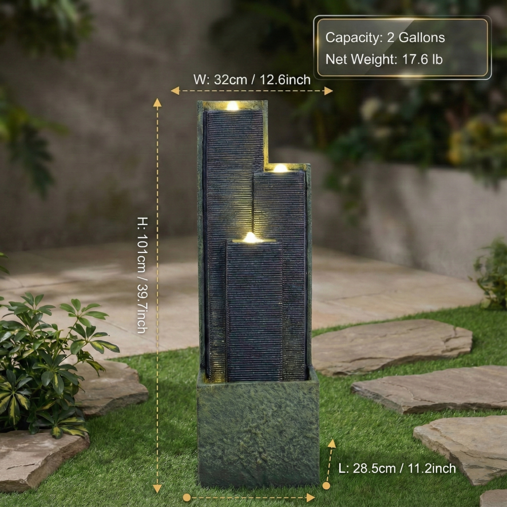 39" Freestanding Outdoor Waterfall Fountain with LED Light | Cascading Tiered Resin Garden Fountain for Patio, Porch & Backyard
