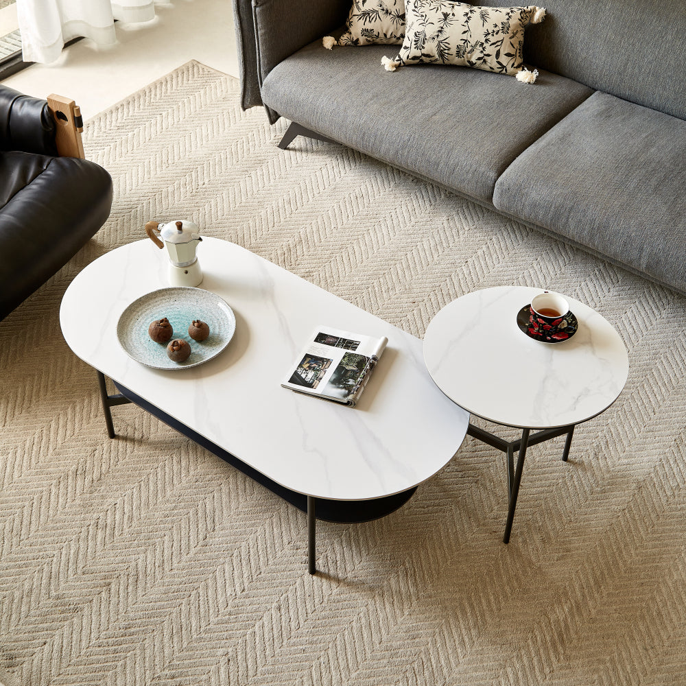 Ceramic Sintered Stone Coffee Table with Walnut Shelf | 47" Double-Layer Living Room Center Table — White & Coffee Brown
