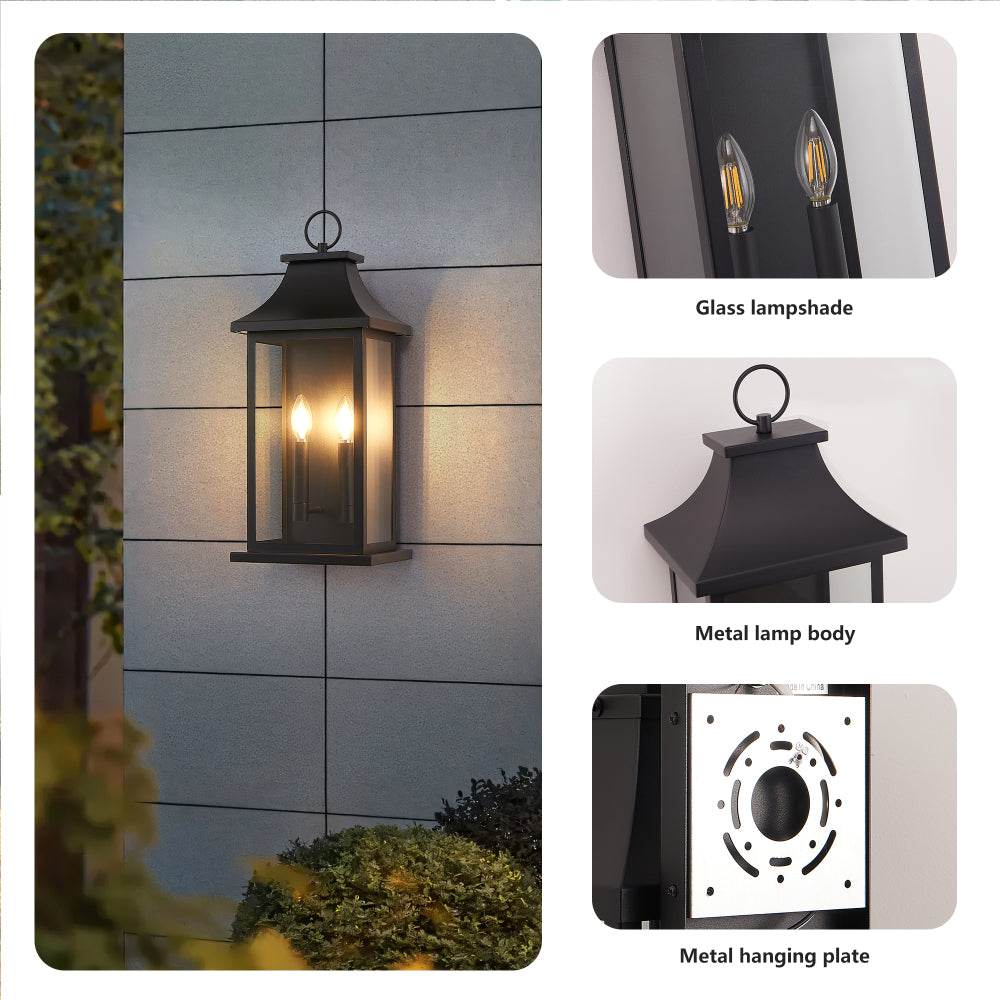 22.2" Dusk-to-Dawn Outdoor Wall Lantern | 2-Light Large Black Exterior Sconce with Glass — Waterproof Porch, Garage & House Light 1-2 Pack