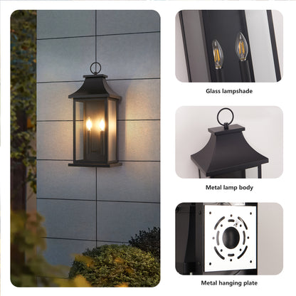 22.2" Dusk-to-Dawn Outdoor Wall Lantern | 2-Light Large Black Exterior Sconce with Glass — Waterproof Porch, Garage & House Light 1-2 Pack