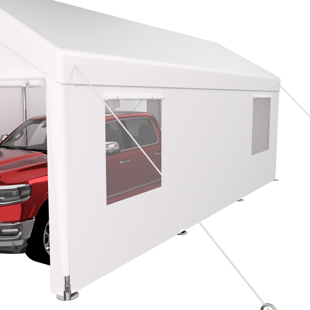 10×20 FT Portable Carport Garage | Heavy-Duty Galvanized Steel Frame with 2 Roll-Up Doors & 4 Ventilated Windows — White / Grey