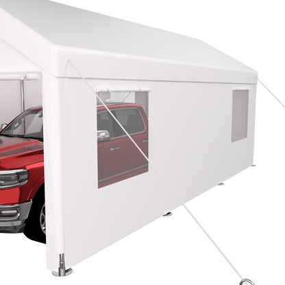10×20 FT Portable Carport Garage | Heavy-Duty Galvanized Steel Frame with 2 Roll-Up Doors & 4 Ventilated Windows — White / Grey
