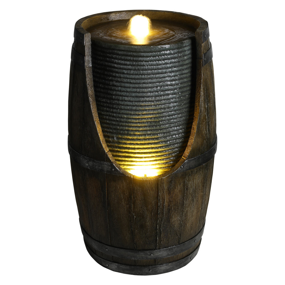 Rustic Barrel Outdoor Water Fountain with LED Lights | Resin Farmhouse Waterfall Fountain for Patio, Porch & Yard