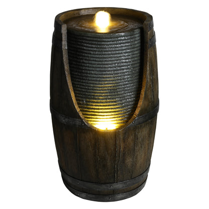 Rustic Barrel Outdoor Water Fountain with LED Lights | Resin Farmhouse Waterfall Fountain for Patio, Porch & Yard