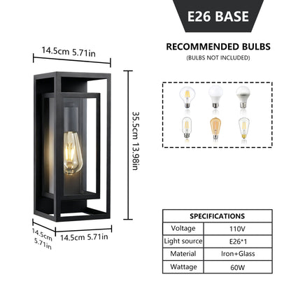 Black Outdoor Wall Lantern | IP65 Waterproof Coach Light with Clear Glass & E26 Socket — 2 Sizes, 2-Pack for Porch, Garage & Front Door