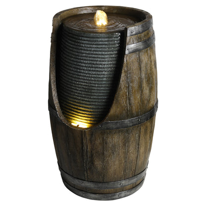 Rustic Barrel Outdoor Water Fountain with LED Lights | Resin Farmhouse Waterfall Fountain for Patio, Porch & Yard