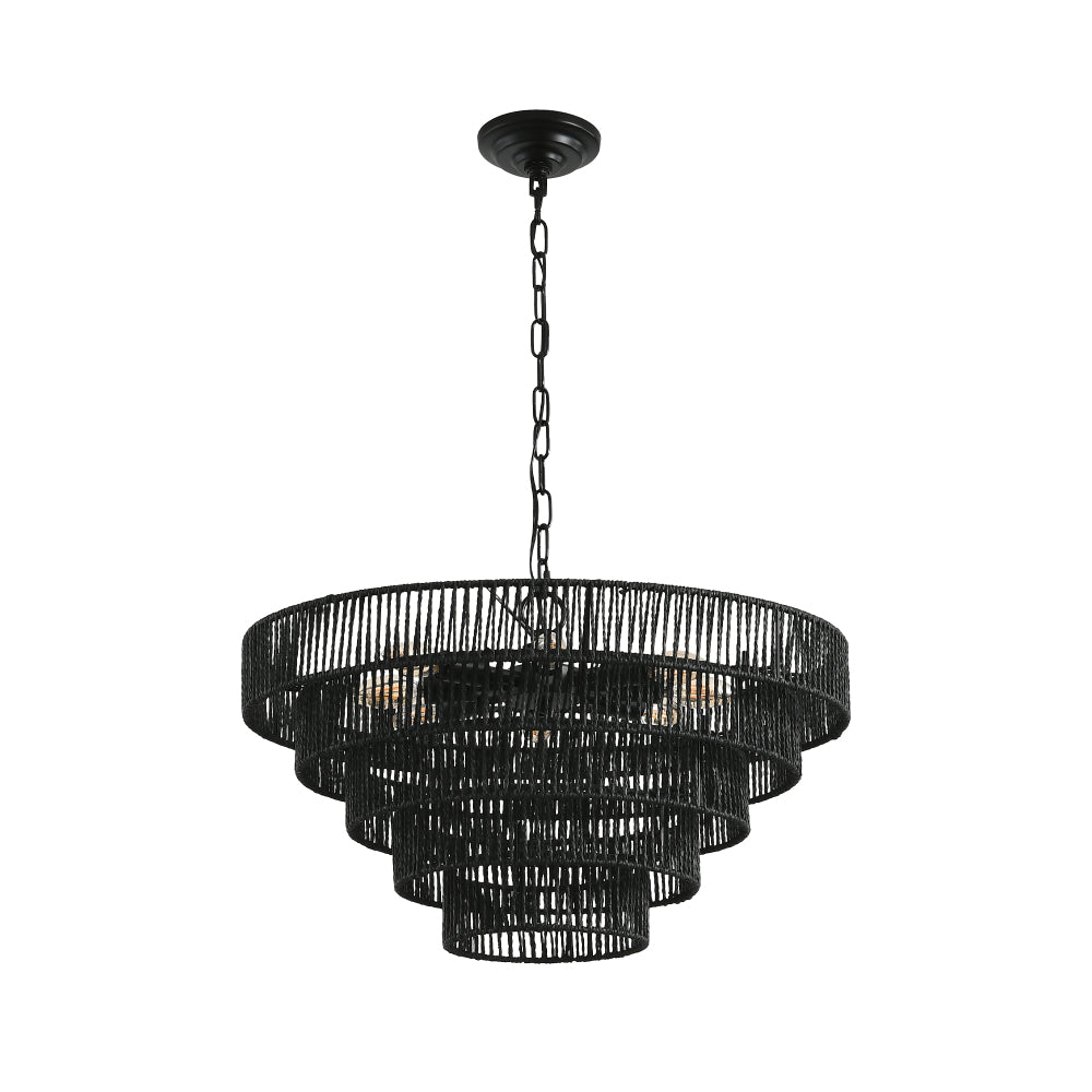 Rustic black hemp rope chandelier with 4-tier boho design and E12 sockets for dining rooms and kitchens.