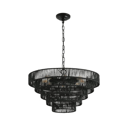 Rustic black hemp rope chandelier with 4-tier boho design and E12 sockets for dining rooms and kitchens.