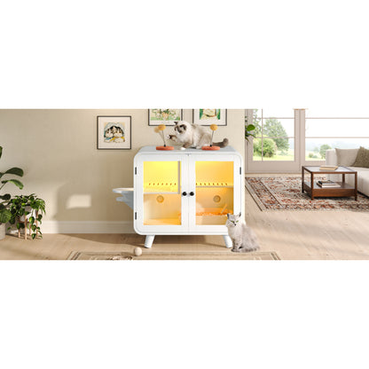 Hidden Cat Litter Box Cabinet – RGB LED, Glass Doors, Litter Walkway & Pom-Pom Toys, White