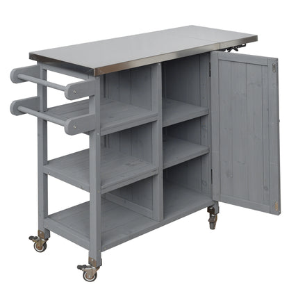 Foldable Outdoor Kitchen Island with Stainless Steel Top | Rolling Cart with Storage Cabinet, Open Shelves & Towel Rack — Grey