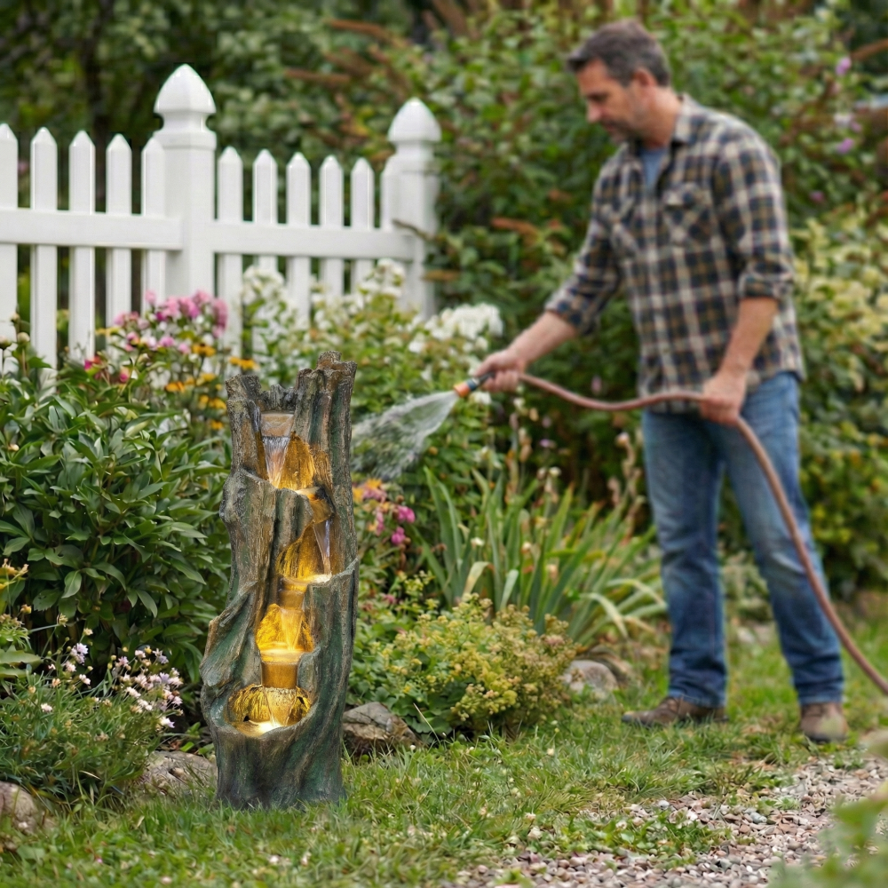 Tree Design Waterfall Outdoor Fountain with LED Lights | Freestanding Fiberglass Resin Garden Fountain for Patio, Backyard & Lawn