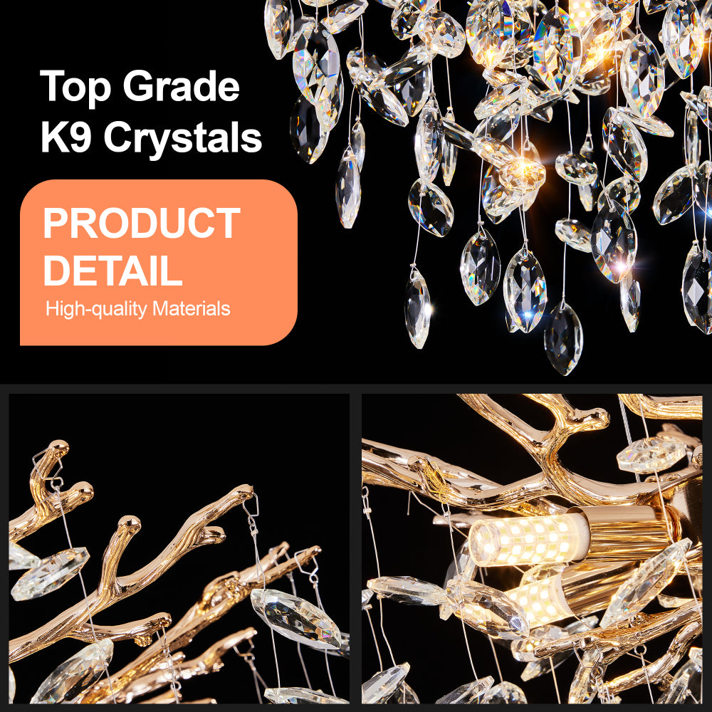 Gold tree branch crystal chandelier with K9 crystals, modern luxury pendant light for dining room, living room & bedroom