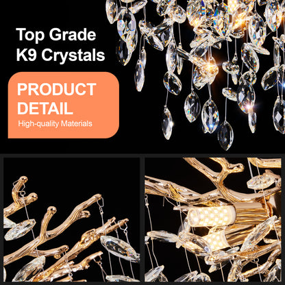 Gold tree branch crystal chandelier with K9 crystals, modern luxury pendant light for dining room, living room & bedroom