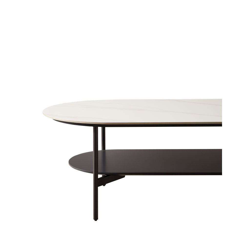 Ceramic Sintered Stone Coffee Table with Walnut Shelf | 47" Double-Layer Living Room Center Table — White & Coffee Brown
