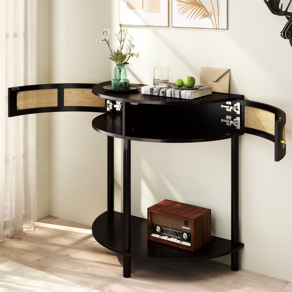 Half-Moon Console Table with Rattan Sliding Doors | Boho Semicircle Entryway Table with 2 Storage Cabinets & Bottom Shelf