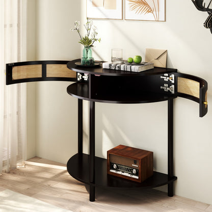 Half-Moon Console Table with Rattan Sliding Doors | Boho Semicircle Entryway Table with 2 Storage Cabinets & Bottom Shelf